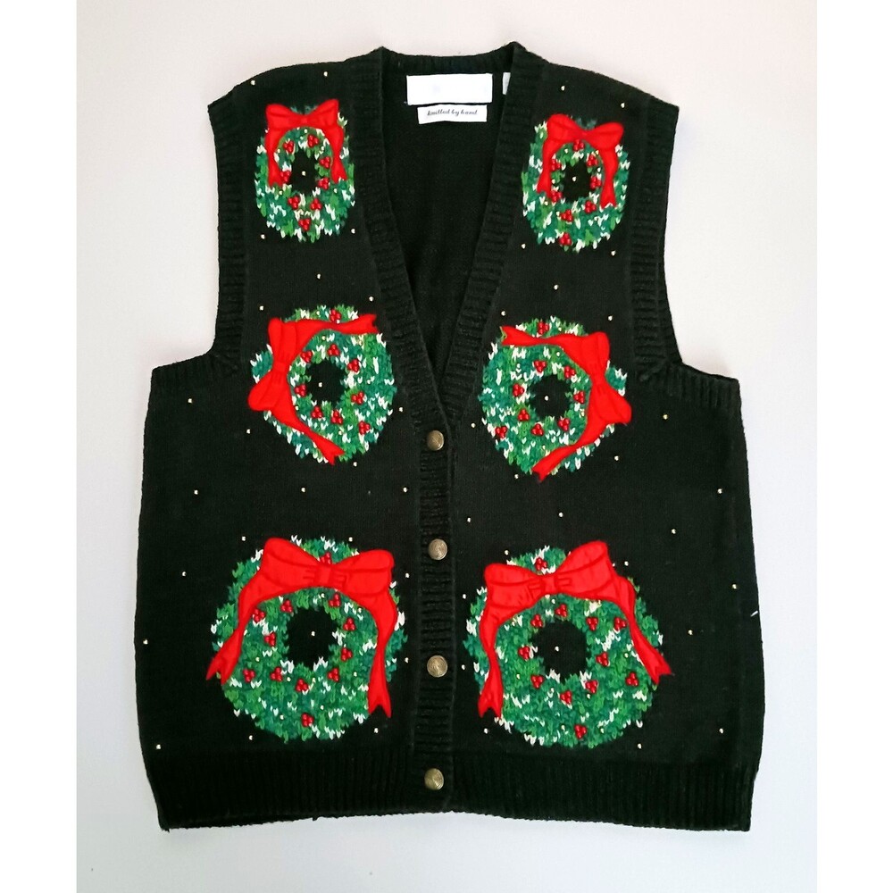 VTG Contessa Visconte Hand Knit  Christmas Vest Holiday Wreaths Beaded Sz L